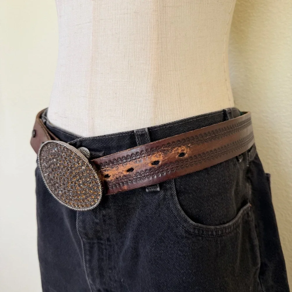 Vintage Brown Leather Western Belt Oval‎ Rhinestone Buckle Tooled Mexico Size 32